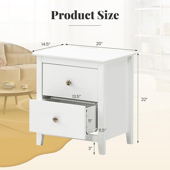 Giantex White Nightstand, Modern 2 Drawers Night Stand with Handles, Sofa Side Table with Sturdy Legs for Small Spaces, College Dorm, Kids’ Room, Wooden Bedside Table for Bedroom, White - Image 3