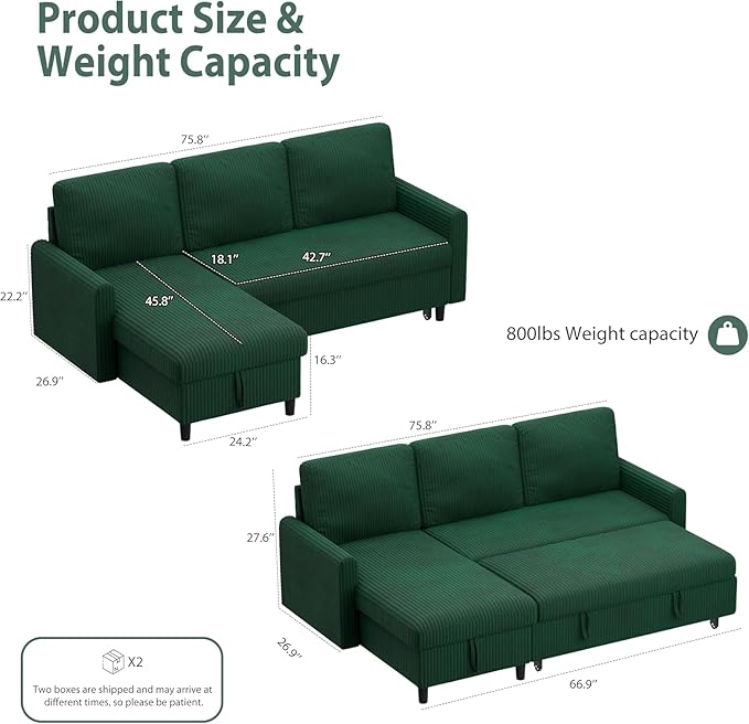Shintenchi Futon Sofa Bed Convertible Couches L Shaped, 4‑in‑1 Sectional Sleeper Sofa Pull Out Couches for Living Room, Multifunctional Couch with Storage Chaise Corduroy Fabric, Green