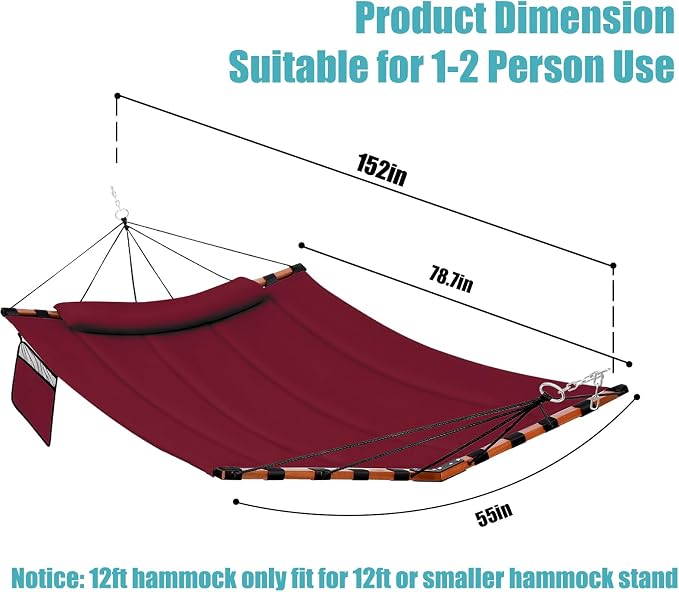 TegerDeger 12FT 2 Person Hammock Large Hammock 450LB Capacity Hardwood Spreader Bar & Nylon Rope for Outside, Patio, Garden, Backyard, Beach, Poolside - Red - Image 6
