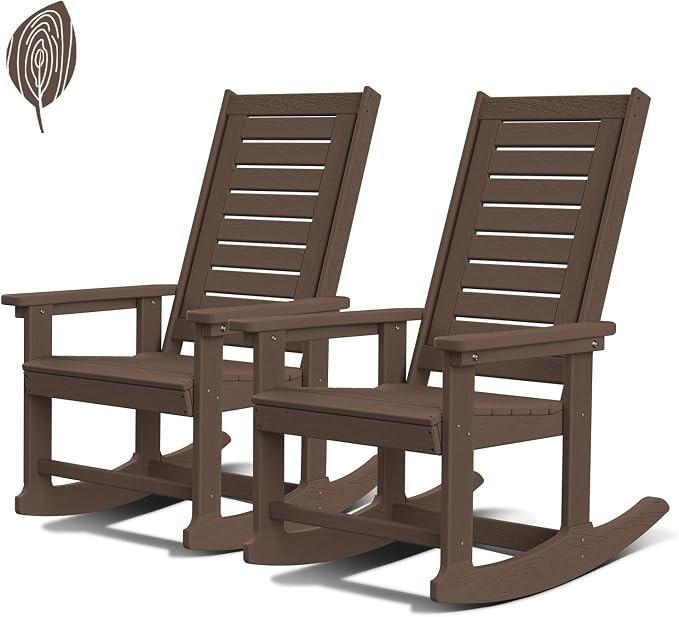 GREENVINES Outdoor Rocking Chairs | Set of 2 | Porch Rocker | HDPE Plastic | Wood Grain | Oversized Rockers | High Back | Big & Tall | Ladder Back | Dark Brown | for Patio Outside by GreenVines