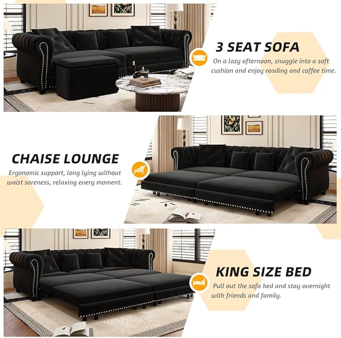 Eafurn 3 in 1 Oversized Chesterfield Loveseat Sofa Convertible Pull Out Sleeper Sofabed King Size Couch Bed w/Movable Ottoman and Nailhead Trim for Living Room Tufted Velvet Recliner Daybed Sofacama