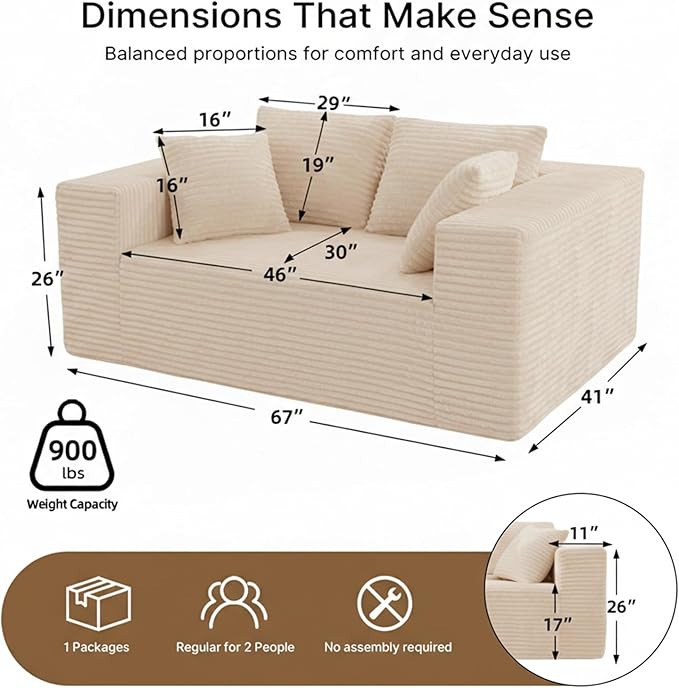 2-Seater Deep-Seat Corduroy Lounge Sleeper Sofa, No Assembly Frameless Foam Cloud Couch, Comfy Plush Double Seater for Living Room Bedroom Apartment Dorm Office (Beige)
