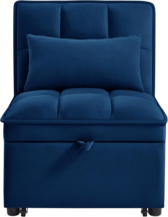 3 in 1 Convertible Sleeper Sofa Chair, Velvet Tufted Single Pull Out Couch Bed with Adjustable Backrest and Pillow, Multi-Function Chaise Lounge with Pockets, for Livingroom, Home Office,Navy
