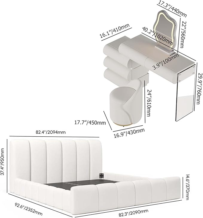 homary 2-Piece Bedroom Furniture Set, King Size Faux Leather Platform Bed Frame with Wingback Headboard and White Vanity Set with LED Mirror & Stool, Modern Bedroom Set for Women and Couples