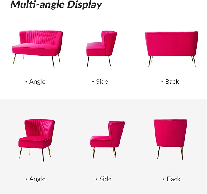 HULALA HOME 3 Piece Velvet Living Room Furniture Set, Modern Comfy Upholstered Chair Set with Golden Legs, include Loveseat & 2 Accent Chairs for Bedroom, FUCHSIA Tufted 2-Seater Sofa & Armless Chairs