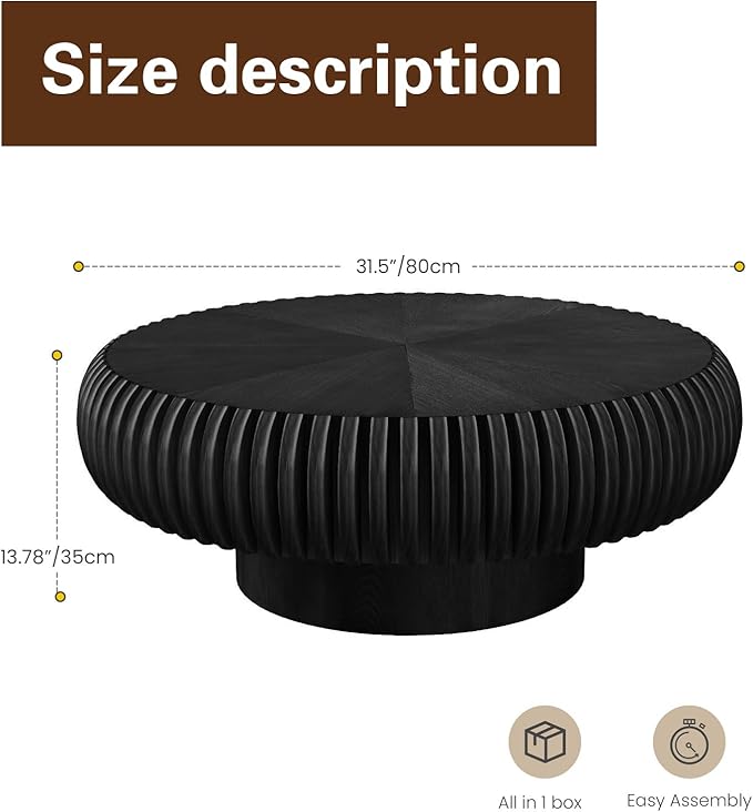 Round Drum Coffee Table Modern Unique Circle Drum Coffee Tables Mid Century Coffee Table with Sturdy Pedestal Fluted Tea Table for Living Room Office Small Space(Black 31.5in)