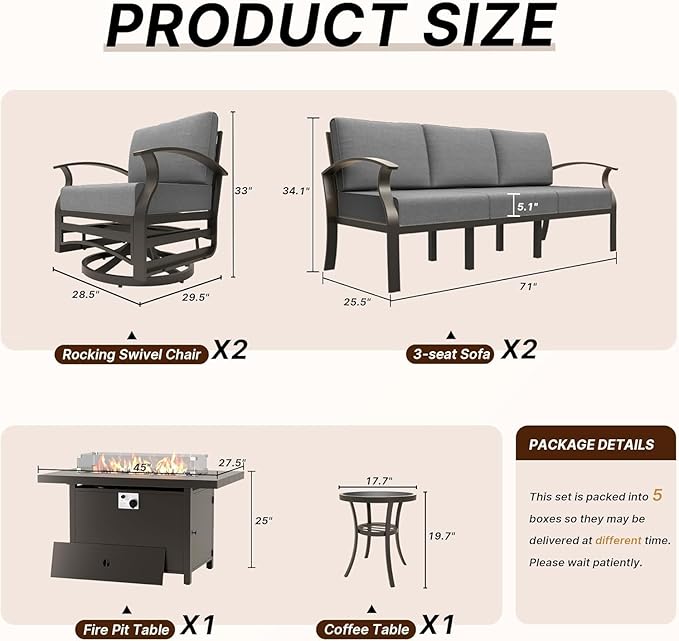 Aluminum Patio Furniture Set with Fire Pit Table, 8 Seats Outdoor Patio Conversation Sets with Swivel Chair Modern Metal Sectional Sofa with Upgrade Cushions for Patio, Backyard - Grey
