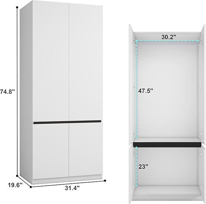 Bedroom Armoire Wardrobe Closet with 6 Doors: 75" White Wardrobe Cabinet for Clothes, Wooden Closet with Hanging Rod, Modern Armoire with Shelves (3)