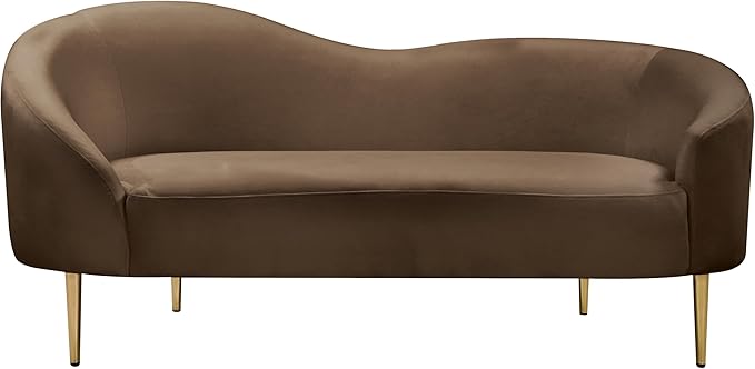 Meridian Furniture 659Brown-L Ritz Collection Modern | Contemporary Upholstered Loveseat with Rich Brown Velvet, Gold Metal Legs, Curved Contemporary Design, 67" W x 31.75" D x 30.5" H, Brown