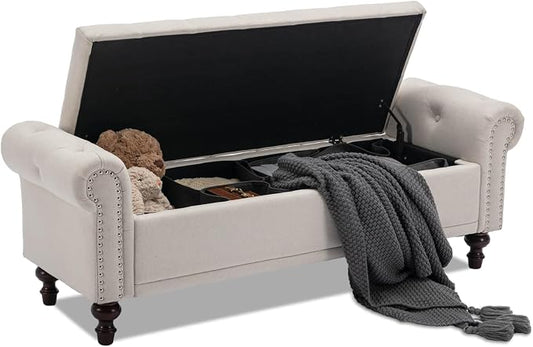 SOFTHION 58.1" Storage Bench Upholstered Linen End of Bedroom Bed Bench Ottoman with Tufted Cushioned Rolled Arm Large Storage Space for Reading Living Room Entryway, Beige by SofthionDesign