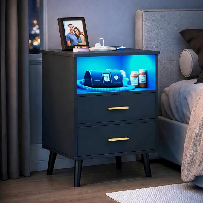 LVSOMT Black Bedroom Nightstand with Charging Station and LED Lights, Modern Bedside Table with Hidded Drawer, Smart Night Stand with Open Storage Shelf, USB Port, Metal Legs - Image 8