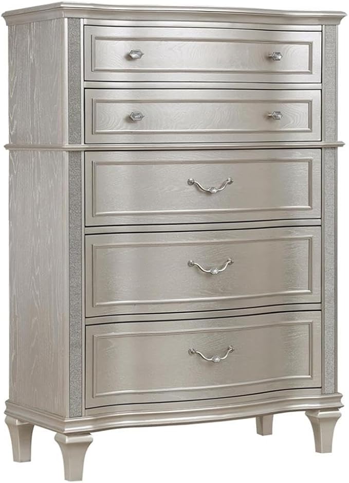 MAKLAINE 5-Piece Glam Wood Queen Bedroom Set, Silver Oak Finish, Ivory Upholstered Bed, Nightstand with USB Ports, Dresser with Jewelry Tray, Beveled Mirror, Chest; Elegant Storage Furniture for