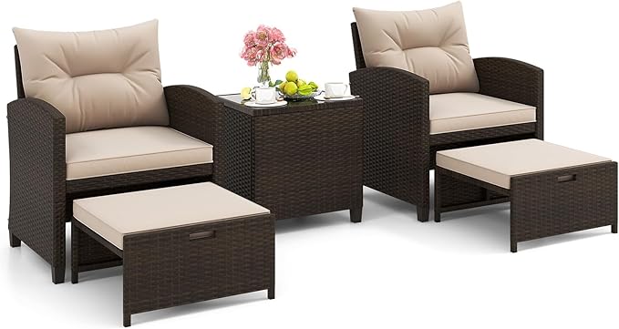Tangkula 5 Pieces Patio Conversation Set, PE Wicker Rattan Outdoor Furniture Set with 2 Chairs, 2 Ottomans & Tempered Glass Coffee Table, Ideal for Poolside, Backyard, Lawn, Deck (Mix Brown & Beige)