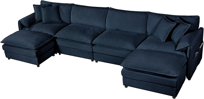 143-Inch U-Shaped Sectional Cloud Sofa Oversized Modular 6 Seaters Sofa Couch with 2 Ottoman Chaise and Pillow Armrest, Chenille Upholstered Convertible Cloud Couch