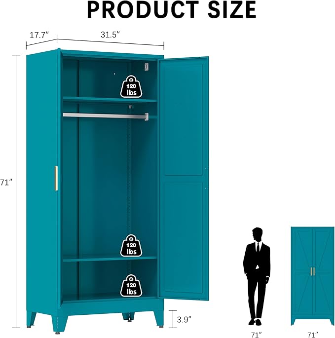71" Tall Metal Armoire Wardrobe Closet, Clothing Storage Cabinet, Freestanding Wardrobe Cabinet with 2 Adjustable Shelves for Bedroom, Office, Garage