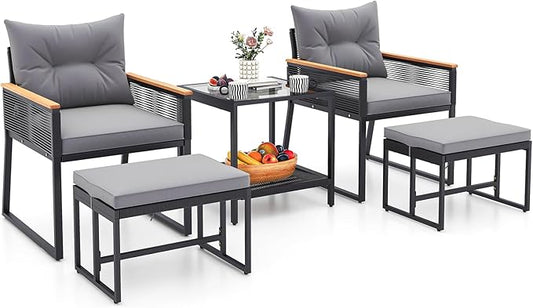 Tangkula 5 Pieces Outdoor Conversation Set, Patio Rattan Armchairs with 2-Tier Side Table & 2 Ottomans, Acacia Wood Armrests & Heavy-Duty Metal Frame, Patio Chairs Set for Porch, Poolside (Grey)