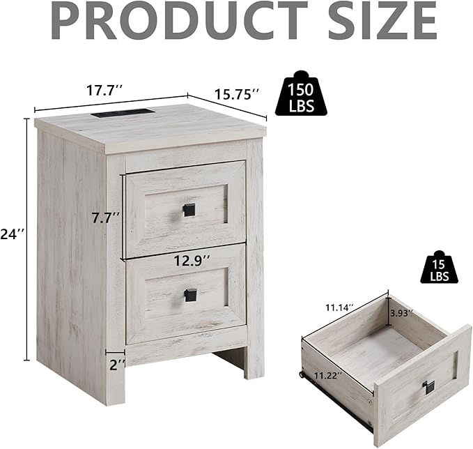 LUXOAK 3 Pieces Bedroom Sets, Includes King Size Lift Up Storage Platform Bed Frame, 2 Drawers Farmhouse Nightstand Set of 2 with Charging Station, No Box Spring Needed, White Oak