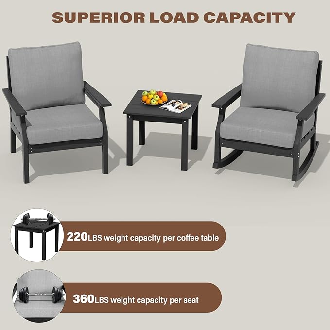 HDPE Patio Conversation Set, 3-Piece All Weather Outdoor Furniture Set with 1 Single Sofa，1 Rocking Sofa for Deck, Lawn, with Cushion, Black