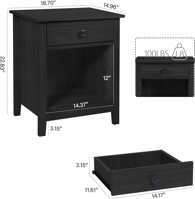 LTMEUTY Wood Nightstand Set - Set of 2 Black Nightstands with Drawers for Bedroom Bedside Table, Tall Night Stand with One Drawer & Open Cabinet - Image 3