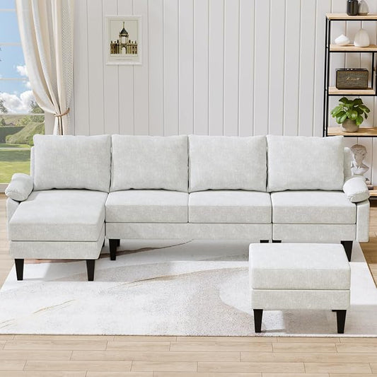 115 Inch Modular Sectional Sofa with Storage Ottoman, Modern L-Shaped Sectional Couch with Chaise, Chenille Couch for Living Room, Apartment or Small Spaces, Off-White