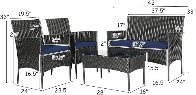 8 Pieces Patio Furniture Set, Outdoor Conversation Set with Ergonomic Curved Backrest, Patio Chair Set with Water-Resistant Cushion & Tempered Glass Table for Balcony, Porch (Navy Blue)