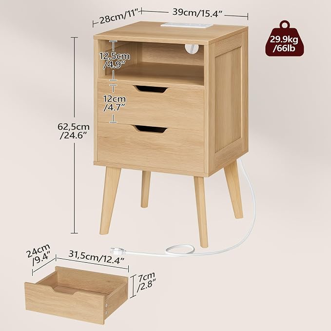 MAHANCRIS Natural Nightstand with Charging Station, Modern Bedside Table with 2 Storage Drawers, Open Storage, Night Stand with Solid Wood Legs, for Bedroom, End Side Table for Small Spaces, ETNA69E01 - Image 2