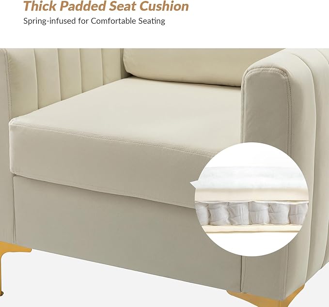 HULALA HOME Velvet Accent Club Chair, Modern Velvet Armchair Upholstered Accent Club Sofa Chair with Gold Metal Legs Mid-Century Barrel Leisure Comfy Reading Armchair, Ivory