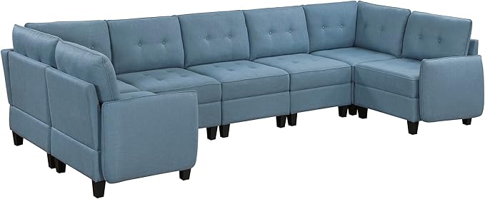 Lexicon U Shape Sectional Couch with Hidden Storage, Textured Fabric Modular Sectional Sofa with Button-Tufted Design, Reversible Back Cushion, 7 Seater Large Sofa, Blue