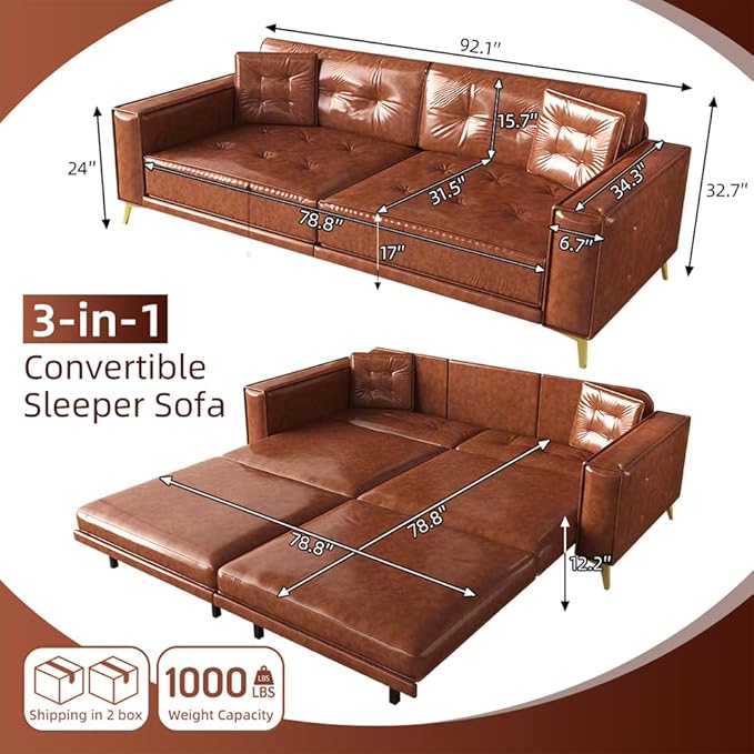 92" 3-in-1 Faux Leather Convertible Sleeper, King Size Pull Out Sofa Bed, 4-Seater Mid Century Modern Tufted Couch with 2 Pillows for Living Room, Apartment, Office (Chestnut/Reddish-Brown) | Leather Sofa Bed, King Pull Out Sofa, Tufted Couch