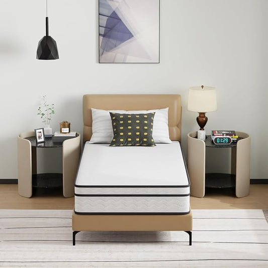 PayLessHere | 10 Inch Twin Mattress | Medium Firm Hybrid Mattress | White | with High-Density Foam and Breathable Cover | Pocket Spring Design, Pressure Relief | Bed in a Box, CertiPUR-US Certified