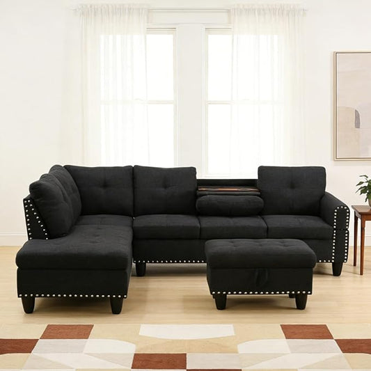 L-Shape Sofa with Storage Ottoman & Reversible Coffee Table, Linen Sectional Couch with Left Chaise, 3-Piece Sofa Set for Living Room, Upholstered Couch Set with Solid Wood Frame, Black Grey