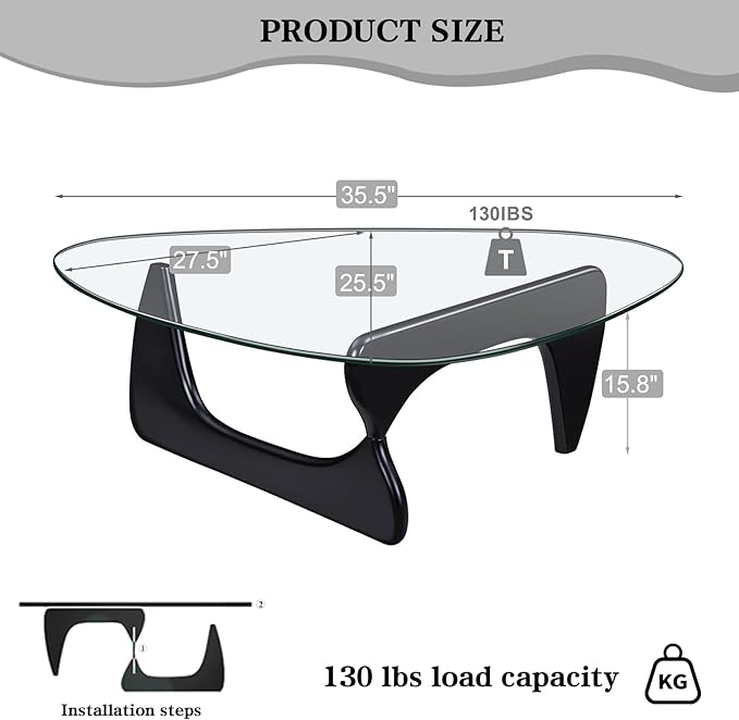 Black Coffee Table for Living Room, Mid Century Small Coffee Tables, Rustic Clear Center Table with Tempered Glass & Solid Wood Base, Triangle Coffee Table for Small Spaces