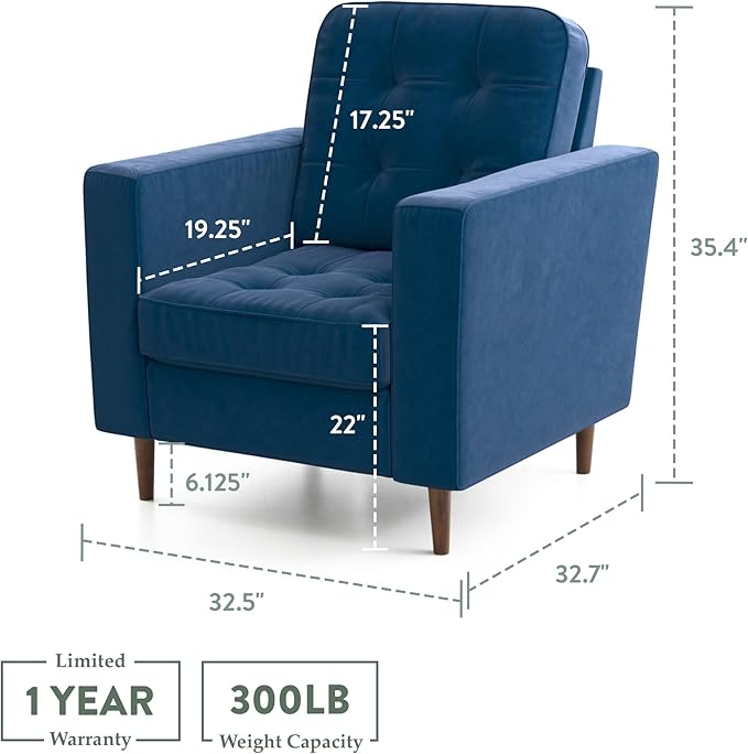 Edenbrook Lynnwood Upholstered Accent Chair - Living Room Furniture - Office - Bedroom - Mid-Century Modern Design - Armchair - Buttonless Tufting - Simple Assembly - Solid Frame - Navy Velvet