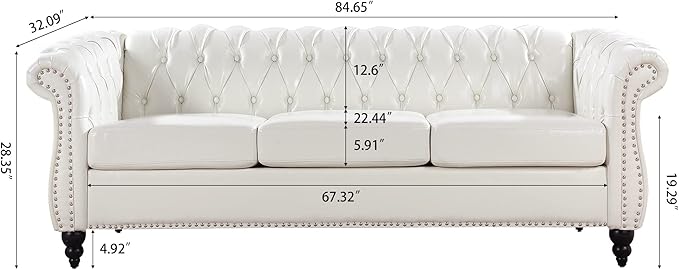 ERYE 84.5-Inch Classic 3 Seat Chesterfield Sofa Couches for Living Room Bedroom, 3 Seaters Button Tufted Faux Leather Upholstered Chesterfield Sofa Couch,Wood Legs | Button Tufted, Easy to Assemble, Nailhead, Removable Cushion