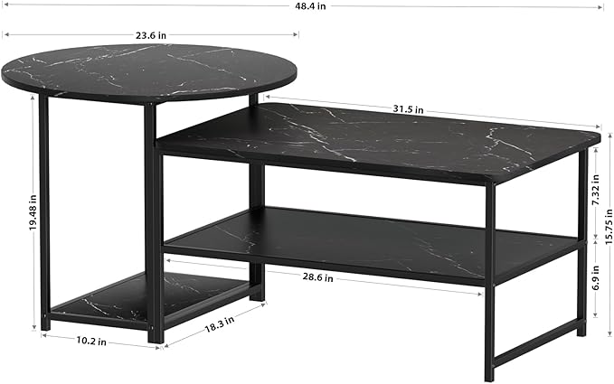 WOHOMO Coffee Table, Black Modern Coffee Tables for Living Room 2 in 1 Detachable Small Center Table Set with Storage, Black Marble