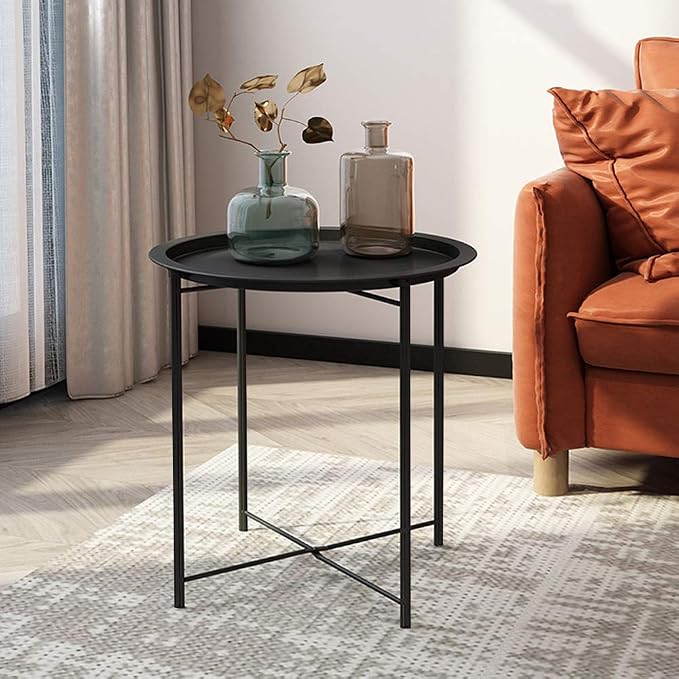 VECELO Side/End Table, Folding Round Metal Anti-Rust and Waterproof Outdoor or Indoor Tray for Living Room Bedroom Balcony and Office, 1 PCS, Black - Image 2