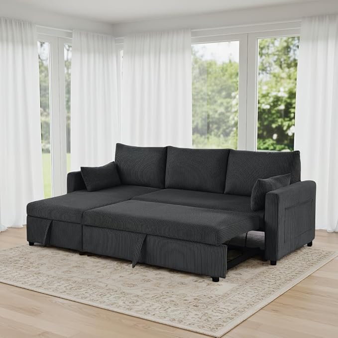 Queen Sleeper Sofa, Convertible Sofa Bed with Storage, 85 Inch Sectional Couch with Pull Out Bed, L Shaped 3 Seat Sectional Sleeper Sofa for Living Room, Apartment, Black
