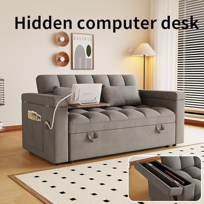 Convertible Sofa Bed, 5-in-1 Pull Out Couch with Side Table, Loveseat Sleeper Sofas Bed Couch with USB Port, 65‘’ Velvet Pull Out Sofa Beds for Living Room, Bedroom, Apartment