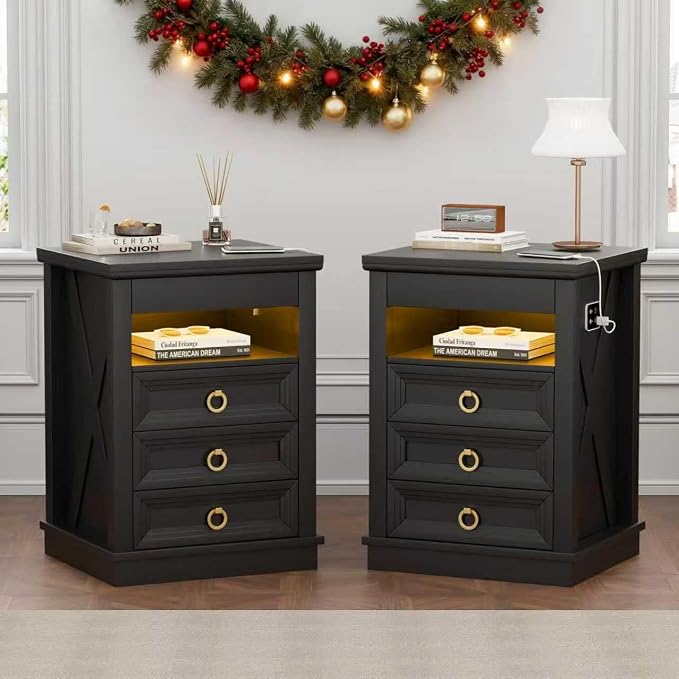 Farmhouse Nightstand Set 2 with Gun Drawer,Bedside Table with Charging Station and Human Body Senor,3 LED Lights Night Stand with 3 Drawers and Open Shelf,End Side Table for Bedroom(Black) by MDGC
