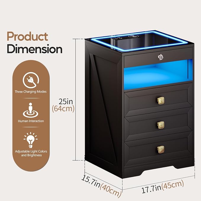 Smart Nightstand with Lockable Gun Drawer,Farmhouse Bedside Table with Charging Station and 3 LED Lights, Modern Night Stand with 3 Drawers,Glass Top End Side Table for Bedroom（Black） - Image 2