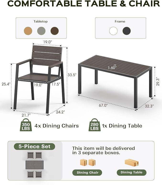 Vexwalx 5-Piece Outdoor Dining Set, Aluminum Dining Table Set for 4, Patio Table and Chairs Set with Umbrella Hole, All Weather HDPS Outdoor Table and Chairs for 4 (Charcoal) - Image 4