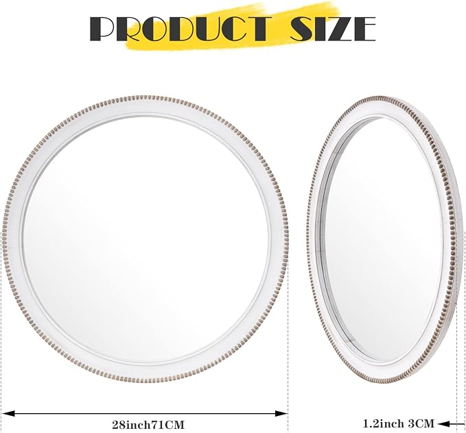 sawsile Round Wood Mirror,28 inch Circle Rustic Farmhouse White Wooden Frame Boho Beads Wall Mirror for Bathroom,Living Room,Bedroom or Entryway - Image 2