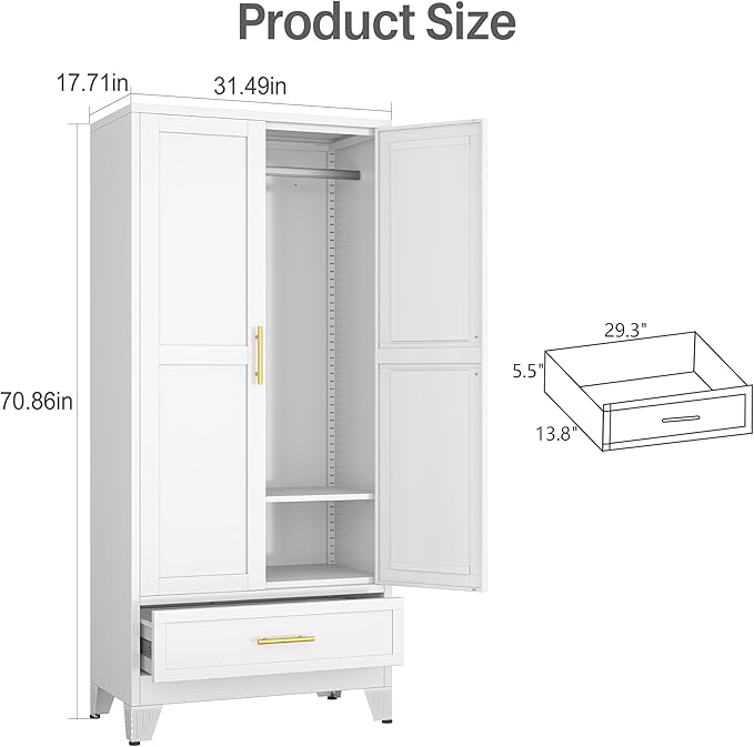 winiowa Metal Armoire Wardrobe Closet with Drawer, 71" Wardrobe Cabinet with Adjustable Shelves and Hanging Rod, Clothing Storage Cabinet Closet for Bedroom-White