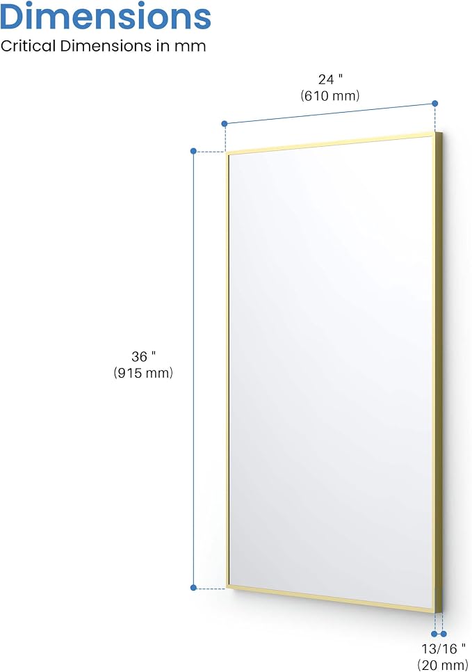 KIBI 24" x 36" Shatterproof Wall Mount Metal Frame Mirror – Horizontal or Vertical Hanging, Modern Rectangular Vanity Mirror for Bathroom, Entryway, or Living Room (Brushed Gold, FM1-2436BG) - Image 9