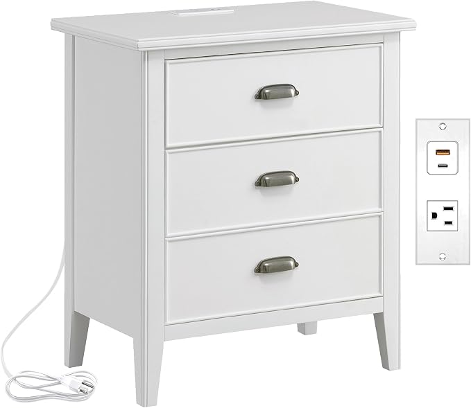 Leick Home Laurent Nightstand, Solid Wood, with USB-C Charging, with 1 Drawer and 1 Door, Orchid White, 10522-WT by LeickFurniture
