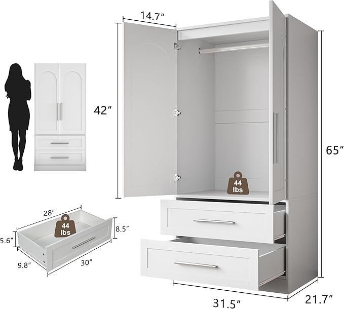 Einhomn Wooden Armoire Wardrobe Closet with 2 Doors and 2 Drawers,Bedroom Freestanding Armoire Storage Cabinet with Shelves,Tall Clothing Storage Cabinet for Bedroom,White