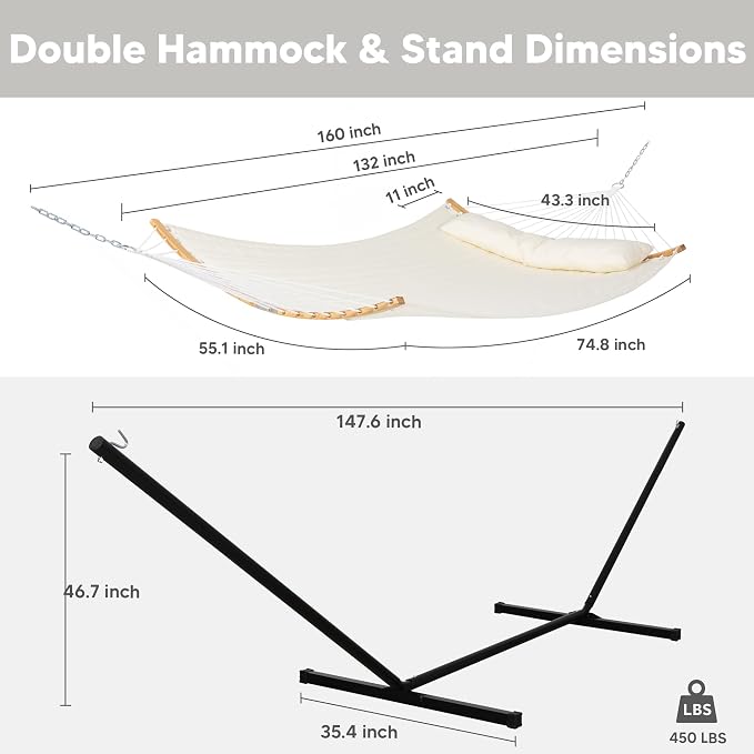 SUNCREAT Hammocks for Outside with Stand Included, Double Hammock with Curved Spreader Bar, Carrying Bag, Beige - Image 4