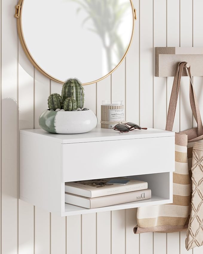 Floating Nightstand, Small Modern Floating Nightstand with Drawer, Floating Shelves for Bedroom, Bathroom (White) by Aienvey
