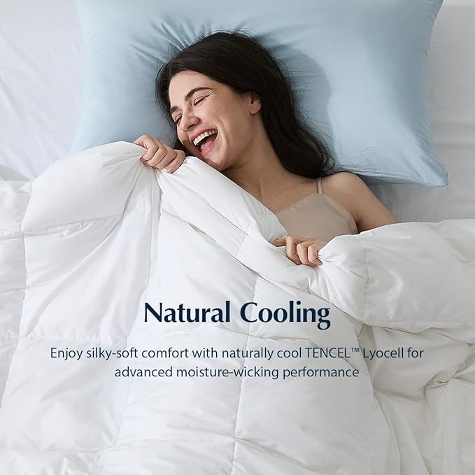 Pacific Coast Lightweight Goose Feather and Down Fiber Comforter Queen Size, Breathable Duvet Insert for Summer and Hot Sleepers, Natural Cooling Tencel Lyocell Shell, 8 Corner Tabs, White, 90x90