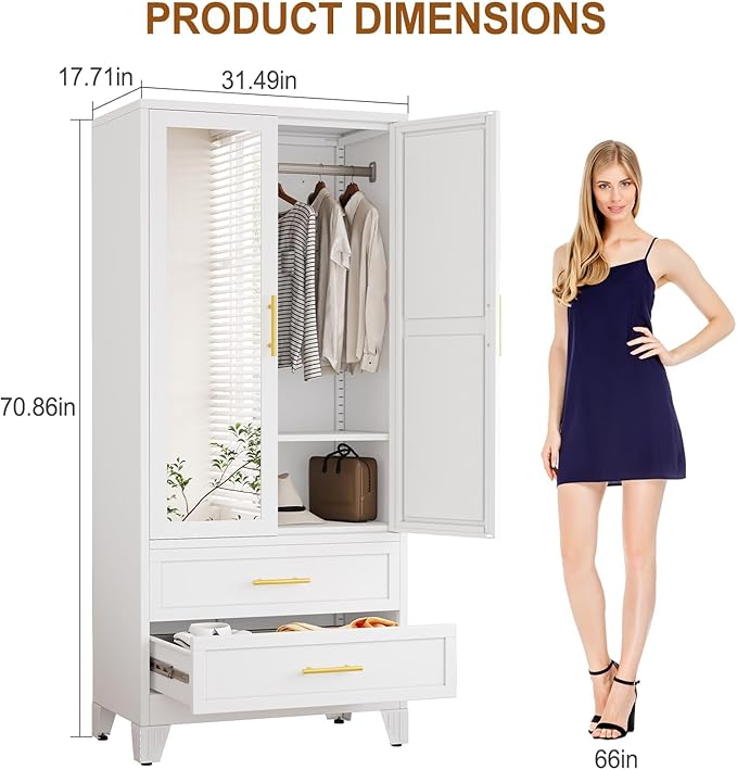 Metal Armoire Wardrobe Closet Storage Cabinet with 2 Doors White, 71'' Wardrobe with Hanging Rod Metal Closet with Adjustable Shelf and 2 Drawers, Freestanding Storage Cabinet for Bedroom